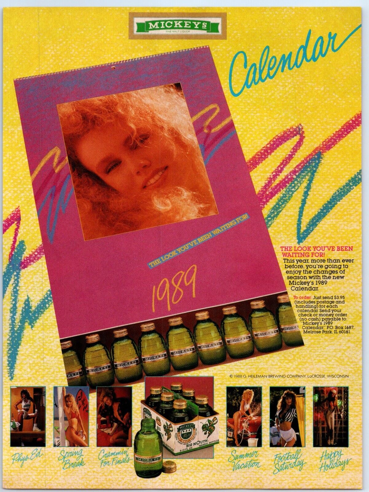 Mickey's Fine Malt Liquor Calendar Look You've Been Waiting 1989 Print Ad 8x11