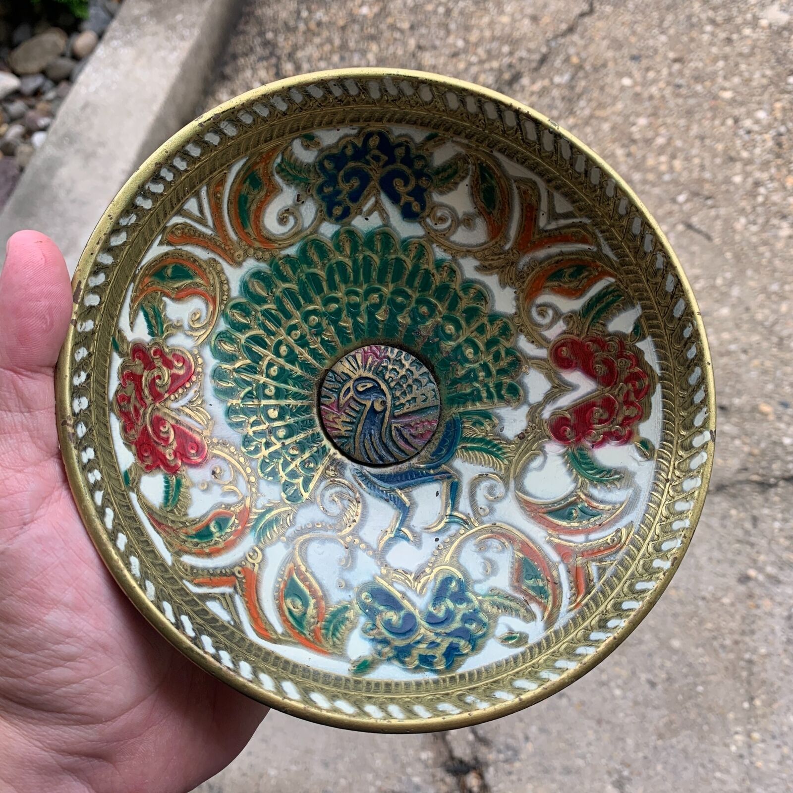 Vintage Brass Peacock Bowl - Made in Jerusalem - Judaica - Golden Peacock