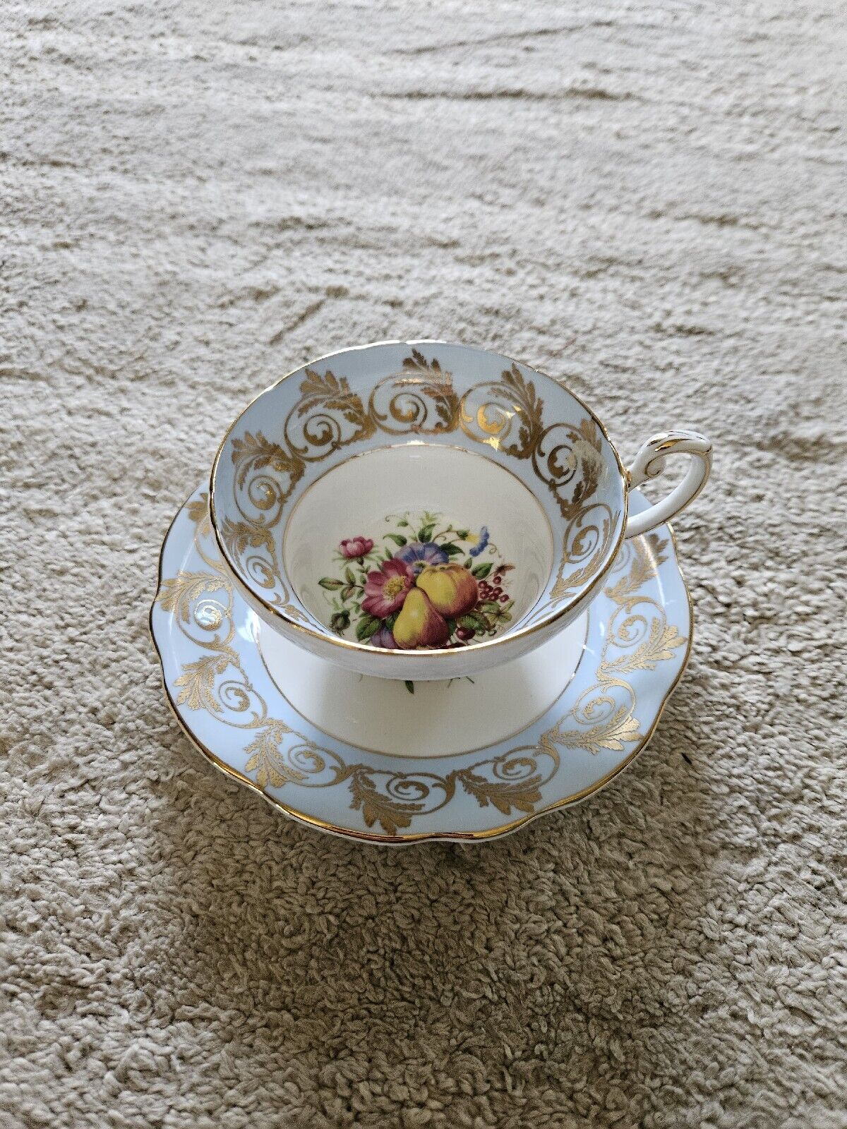 E B Foley Bone China Tea Cup Saucer Light Blue Flowers Fruit Gold Trim