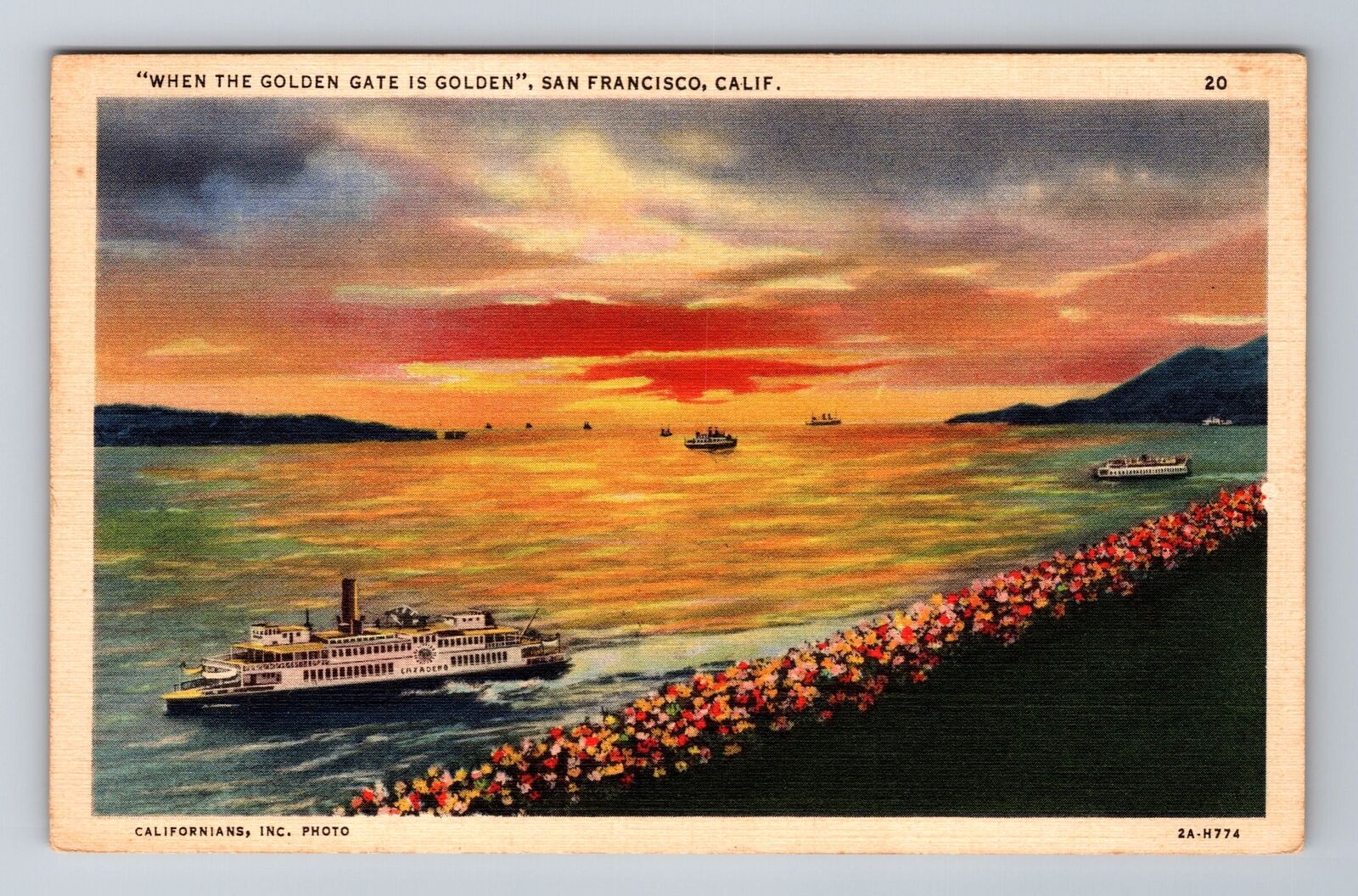 San Francisco CA-California, Sunset On Golden Bay, Steamer, Vintage Postcard