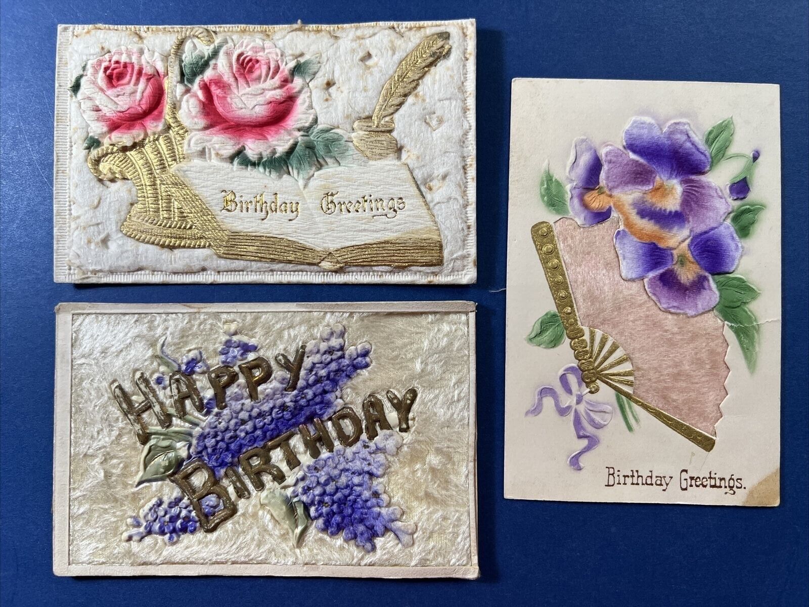 3 Unique Novelty Cloth Birthday Antique Postcards. HVY EMB.Gold Trim. w Value 