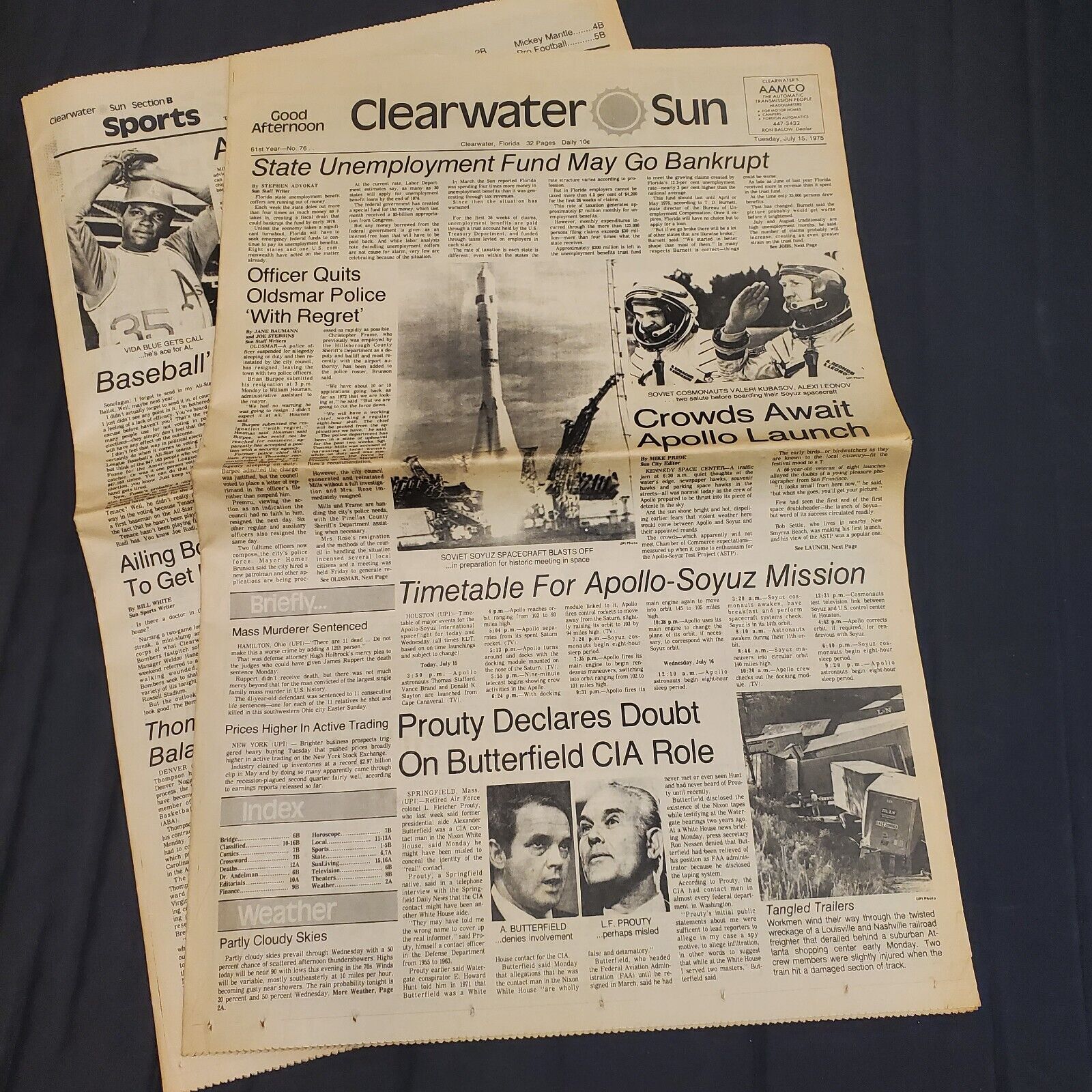 Apollo & Soyuz Spacecraft Blastoff Clearwater Sun Newspaper July 15 1975 Vintage