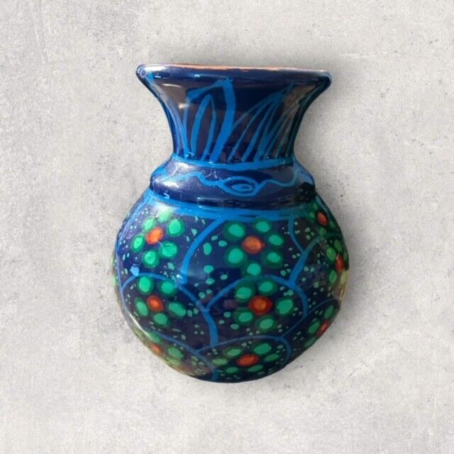 Vintage Handmade Painted Mexican Terracotta Pottery Mini Bud Vase