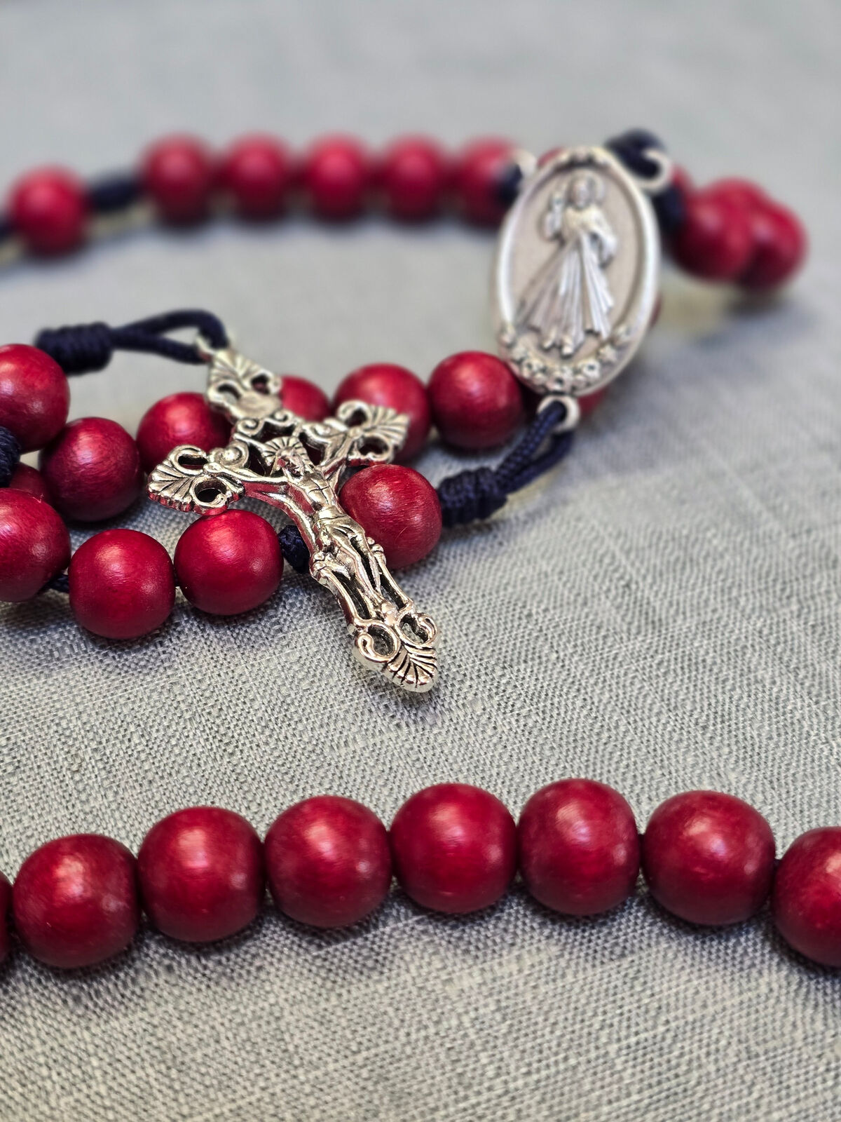 Natural Red Wooden Rosary with Midnight Blue Paracord