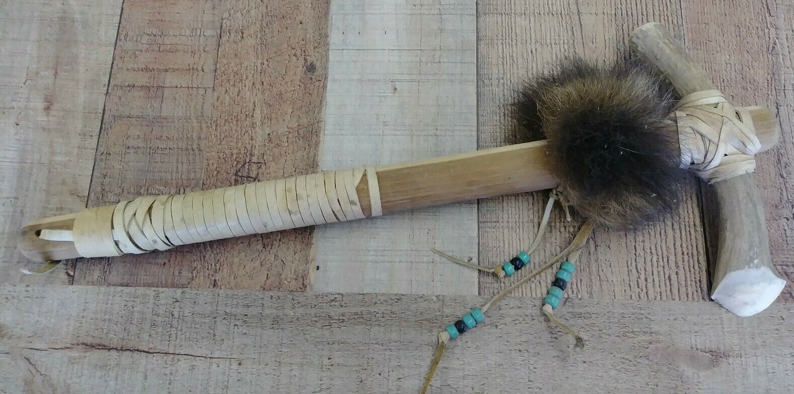 Original Native American Handmade Beaded Deer Antler Tomahawk w/Fur
