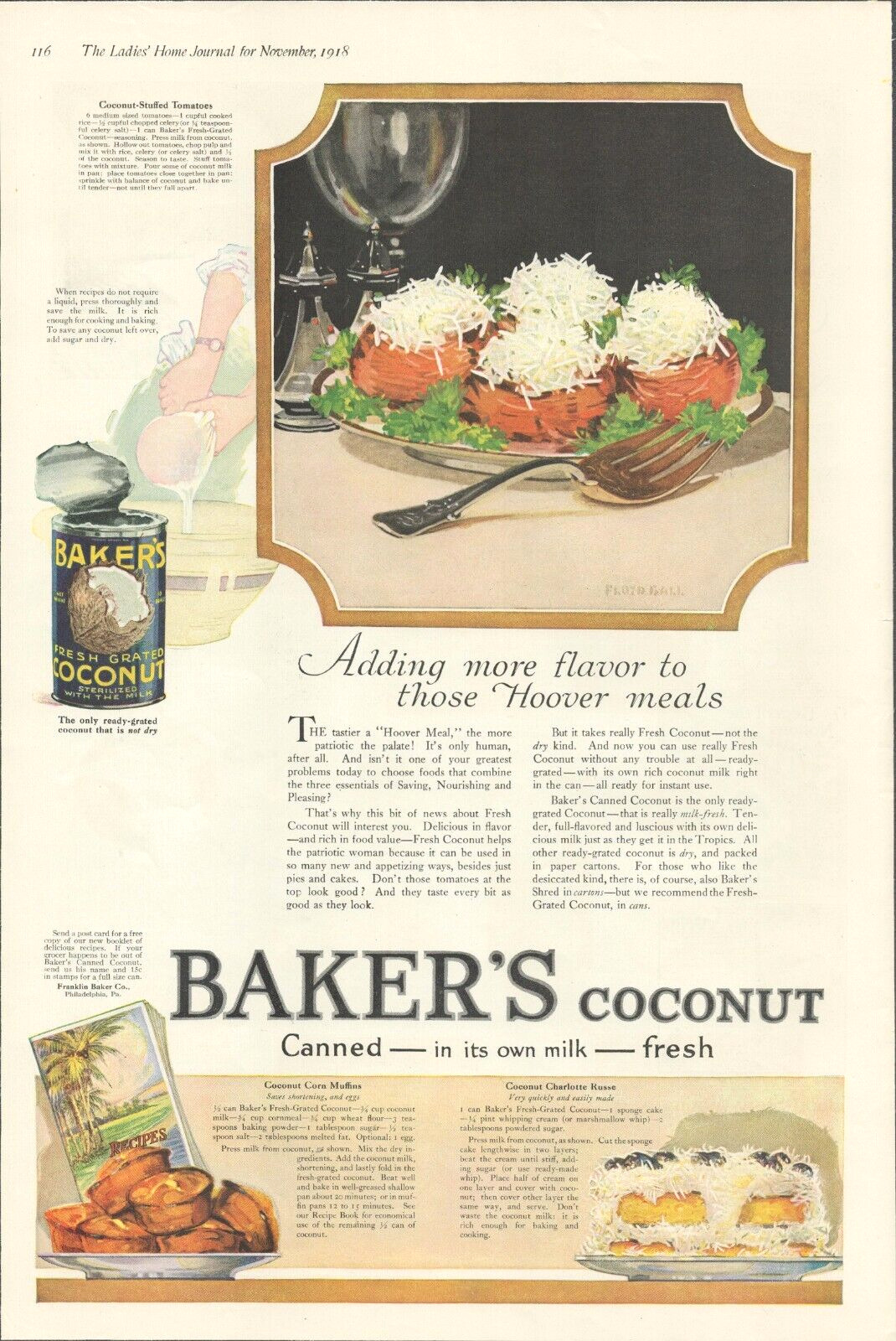 1918 Bakers Coconut canned antique PRINT AD cooking cake muffins recipe