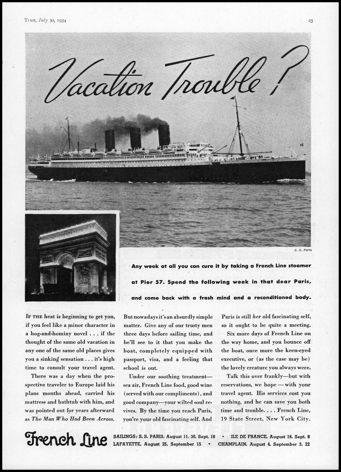1934 S.S. Paris French Line Steamer Pier 57 Cruises vintage photo print ad S34