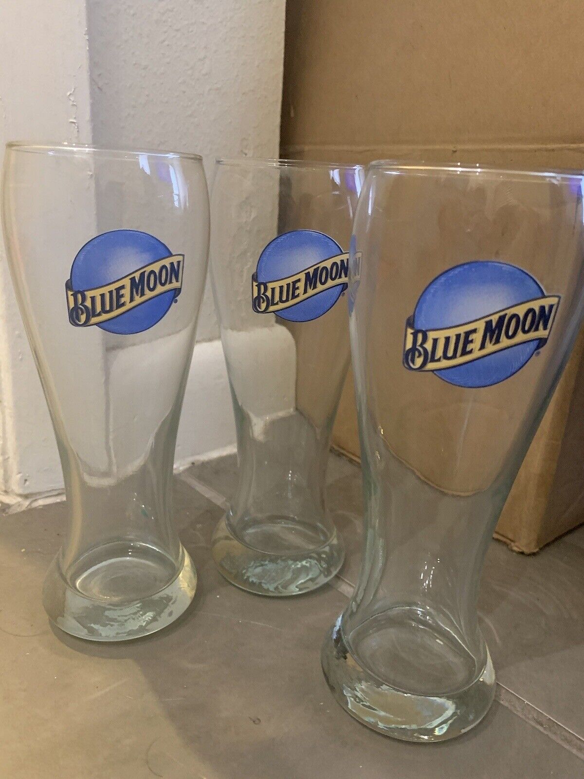 Blue Moon Pilsner Glasses. Set Of 3 New