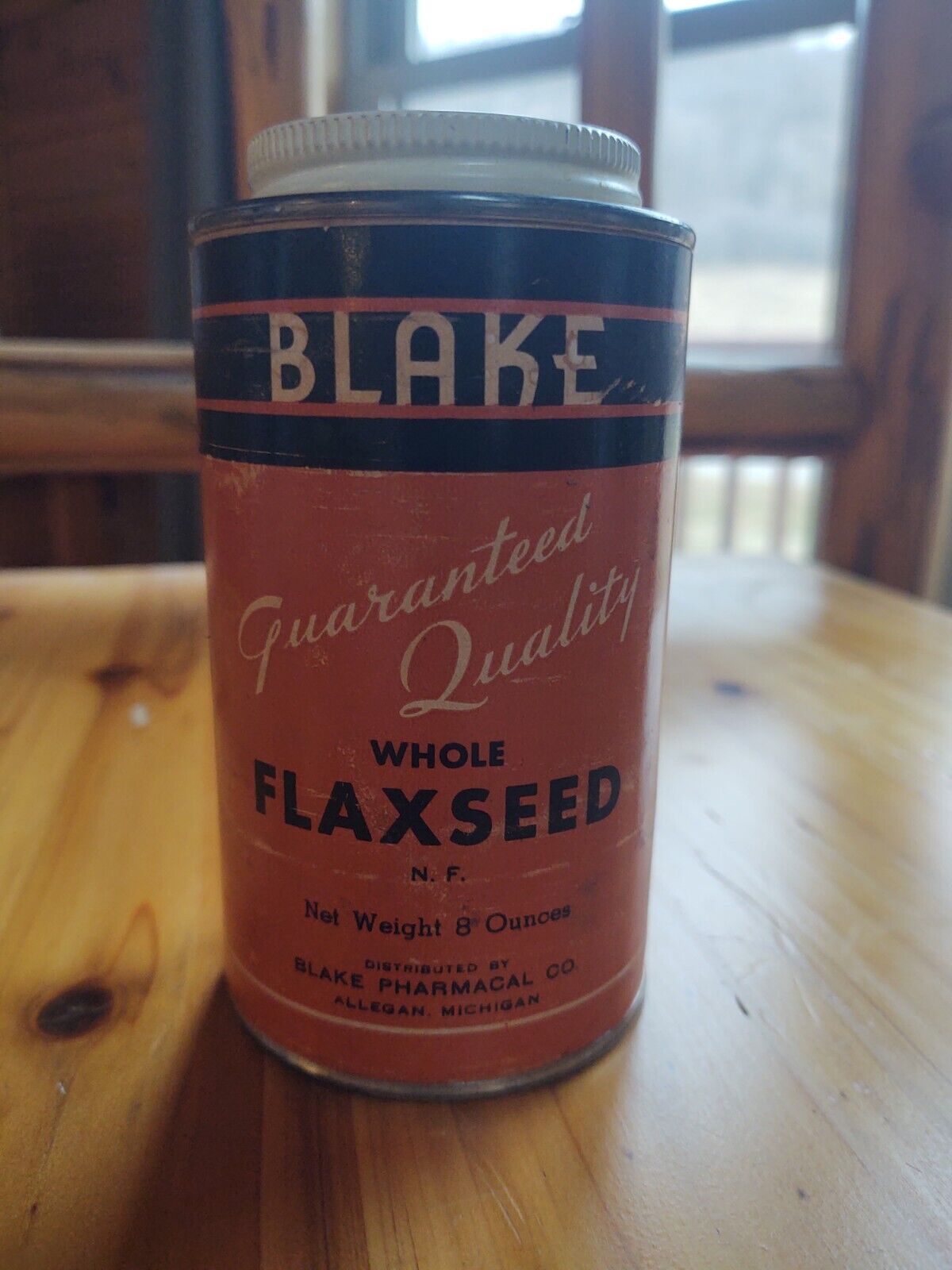 Vintage BLAKE PHARMACAL CO. Whole Flaxseed 8oz 3/4 Full w/ Lid ALLEGAN MI