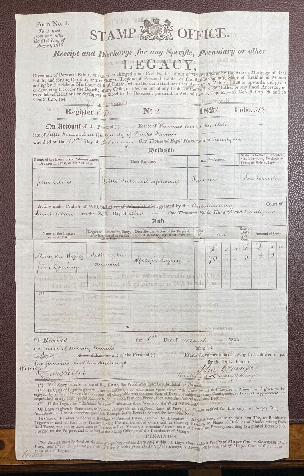 1822 Large Stamp Office Document to Thomas Curtis, Elder of Little Horwood Bucks