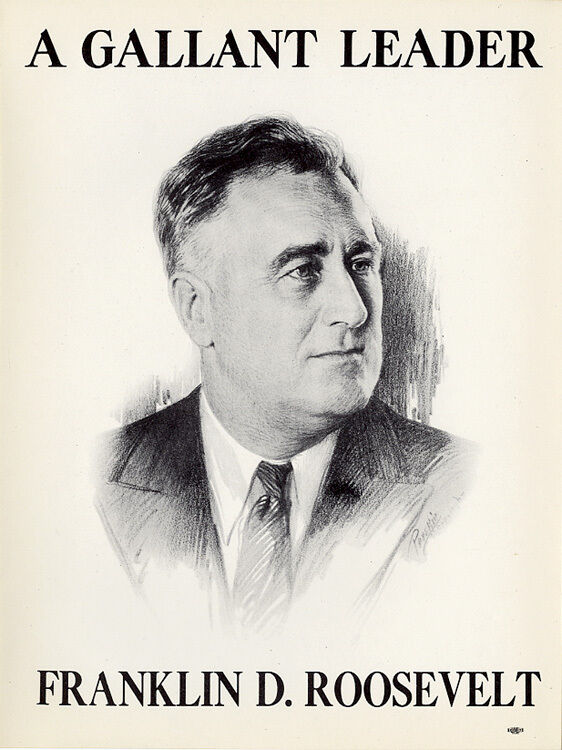 1936 Franklin Roosevelt GALLANT LEADER Campaign Window Poster (3413)