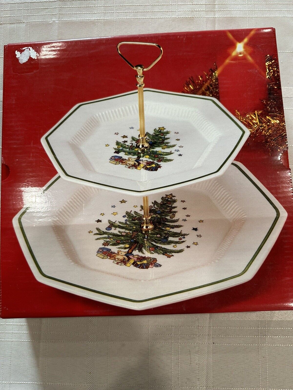 Nikko Christmastime Octagon Two Tier Tray, Made in Japan Xmas Holiday
