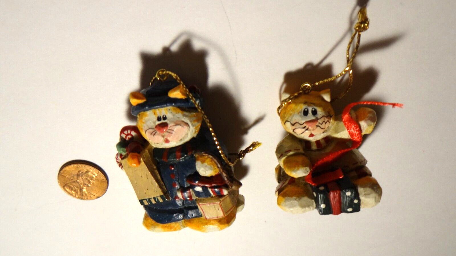 Vintage 1960s E W Brand Handmade-Handpainted Wood Two Cats Christmas Ornament