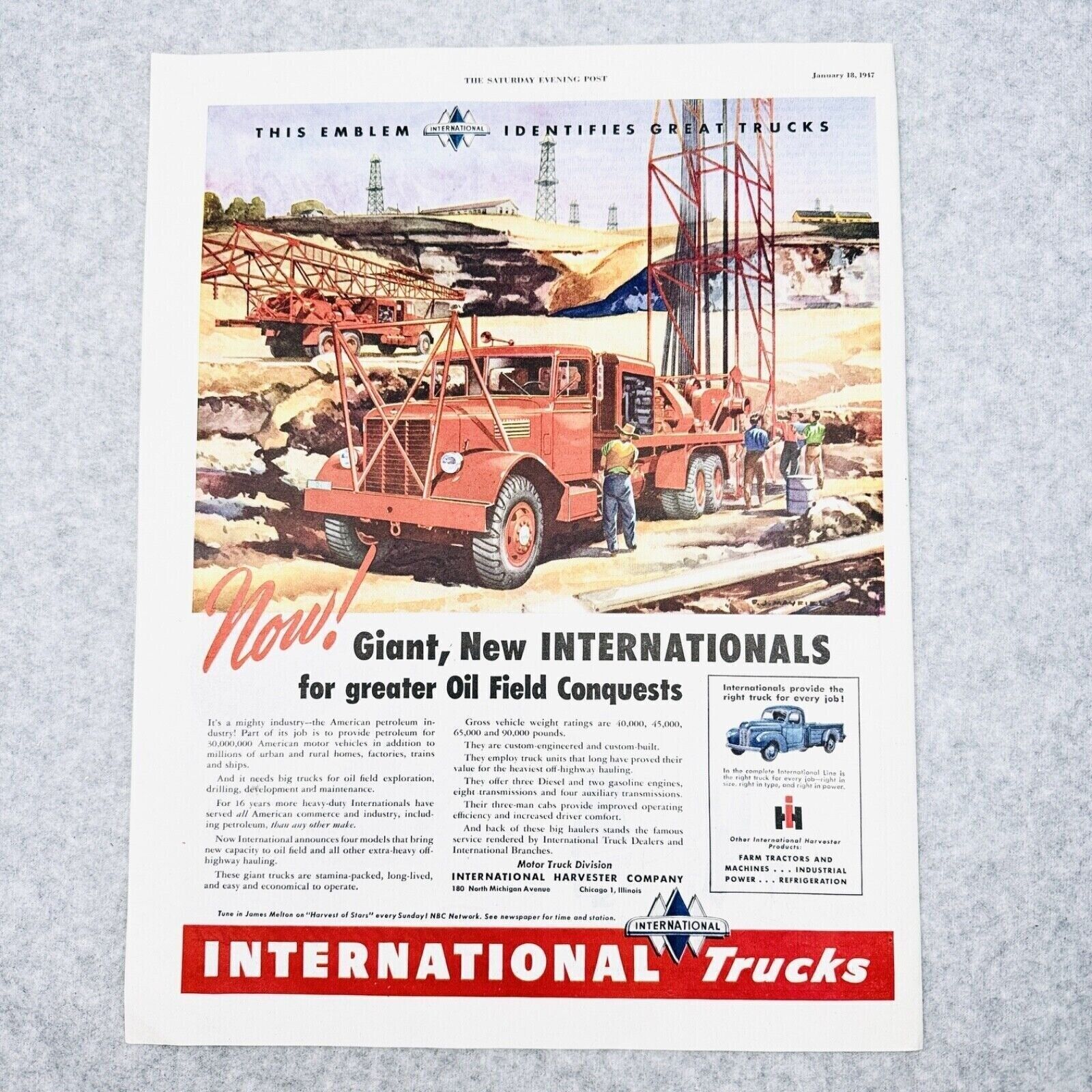 1947 International Harvester Trucks Oil Field Chicago IL Vintage Color Print Ad