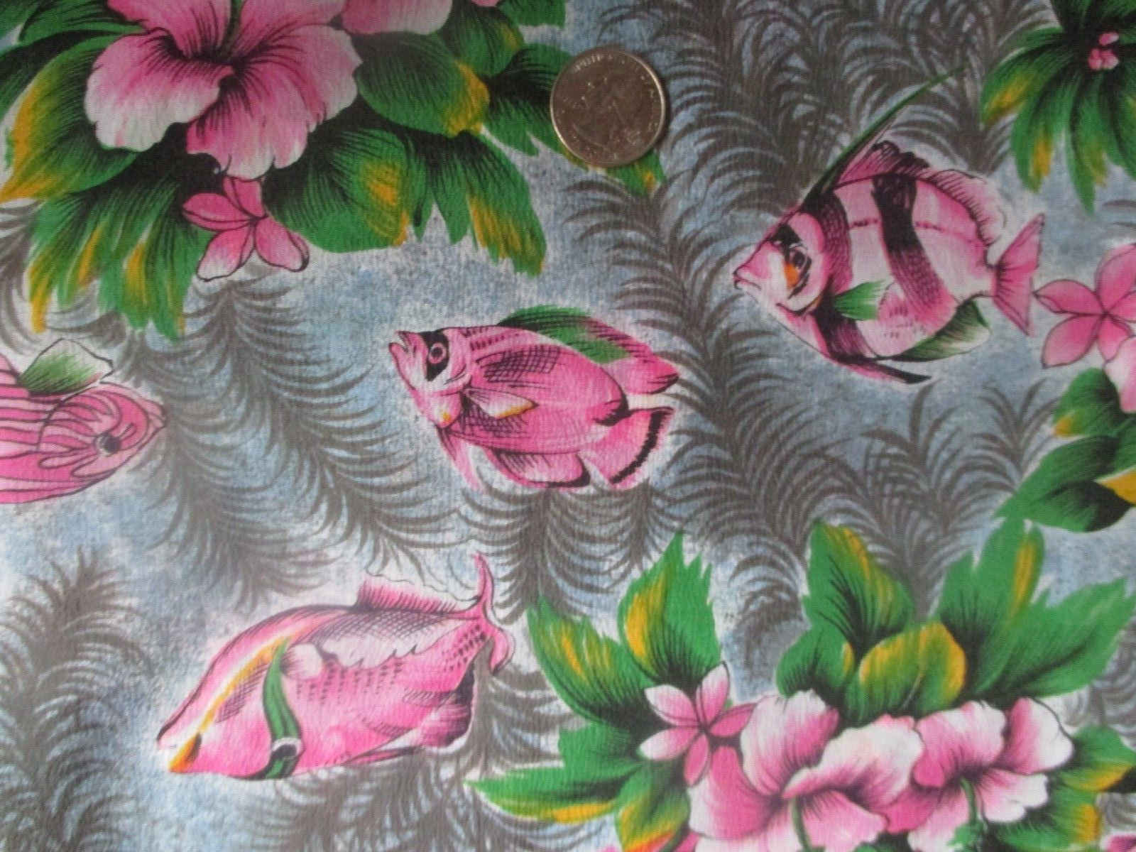 Vintage PINK TROPICAL FISH PALM TREES 1970\'s Light POLYESTER Fabric - shy 1 yd