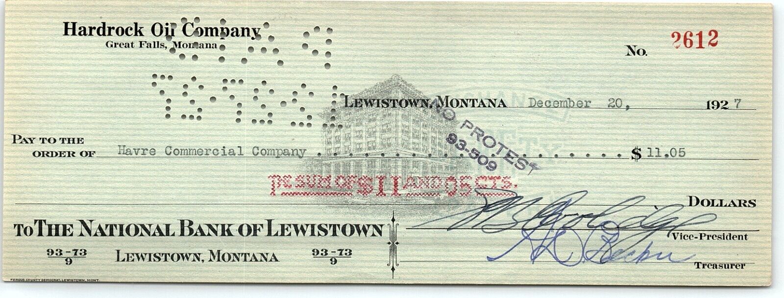 1927 GREAT FALLS MONTANA HARDROCK OIL CO NATIONAL BANK OF LEWISTOWN CHECK Z1598