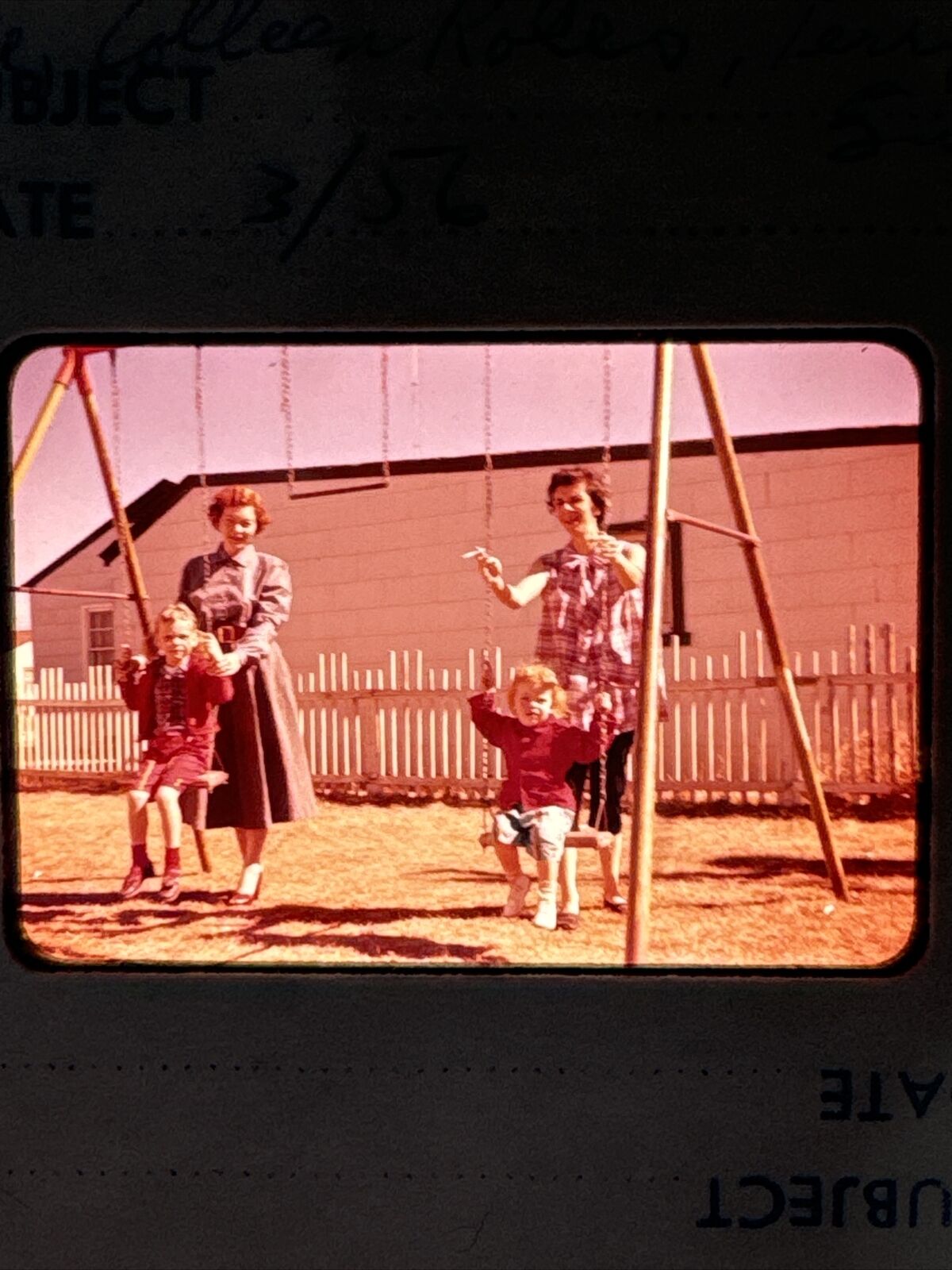 1956 35mm Slide Kids on Swing Set Mom Smoking Mid Mod Vintage