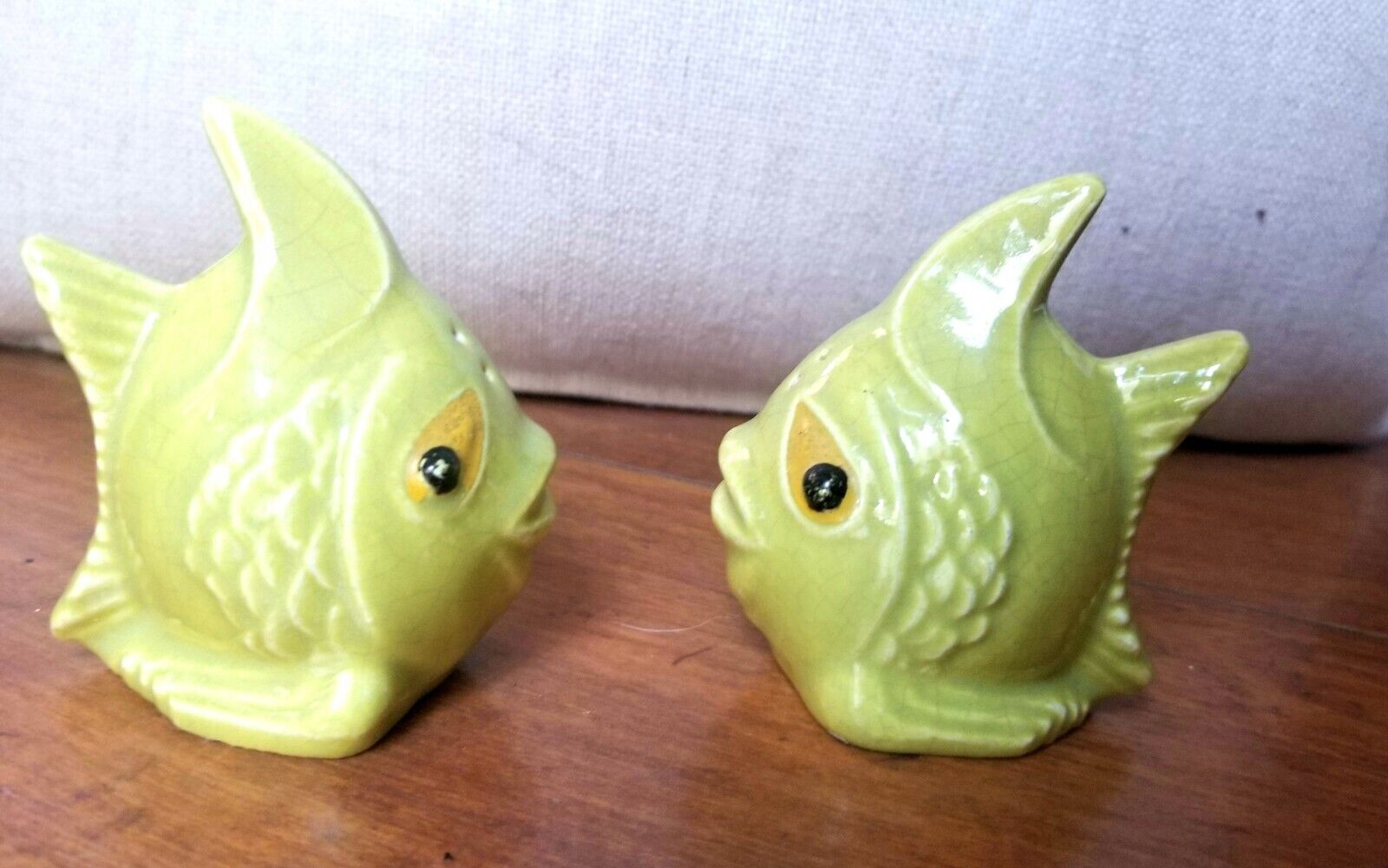 Fish salt & pepper shakers Ugly/Cute? Odd, Eclectic Kitsch,Vintage Green Ceramic