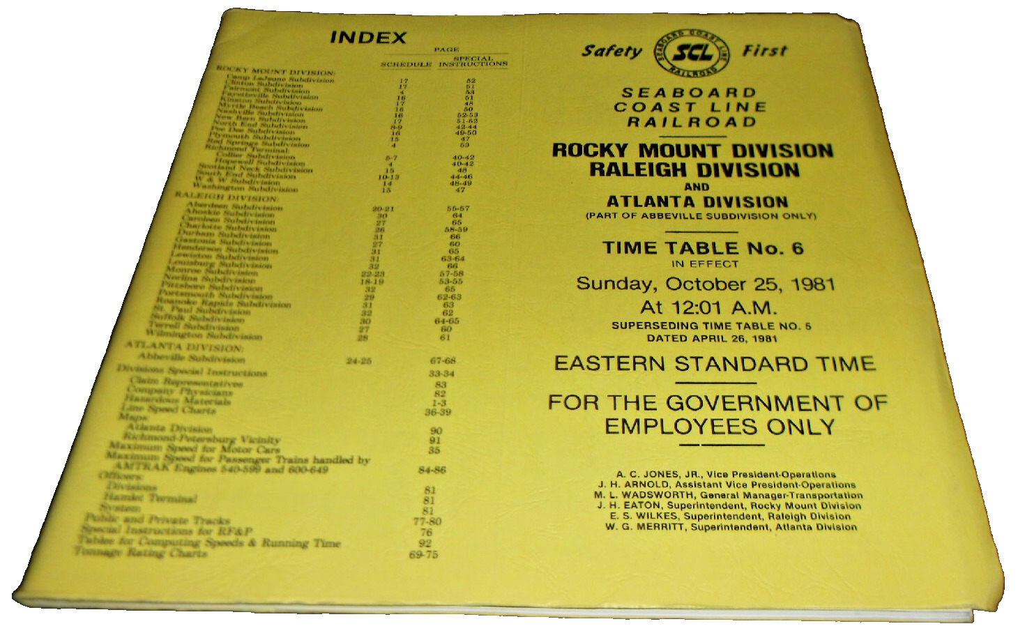 OCTOBER 1981 SCL SEABOARD COAST LINE ROCKY MOUNT DIVISION EMPLOYEE TIMETABLE #6
