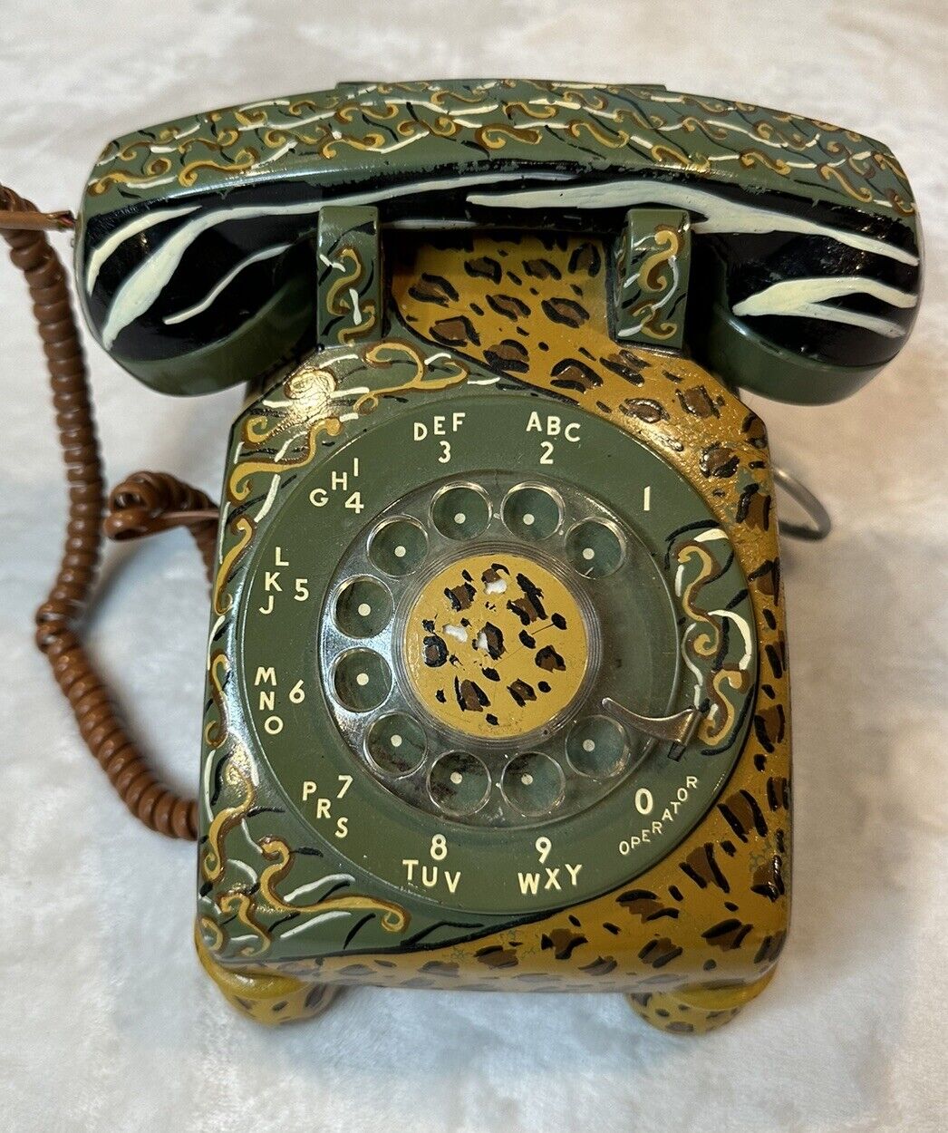 Hand Painted Rotary Dial Phone. 1986. Vintage Folk Art Animal Print Design