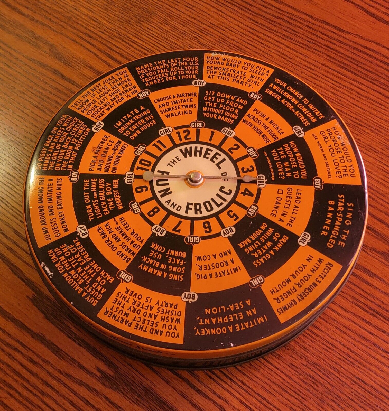 Vintage 1930s Wheel of Fun and Frolic 3lb Candy Tin Halloween Spinner Stunt Game