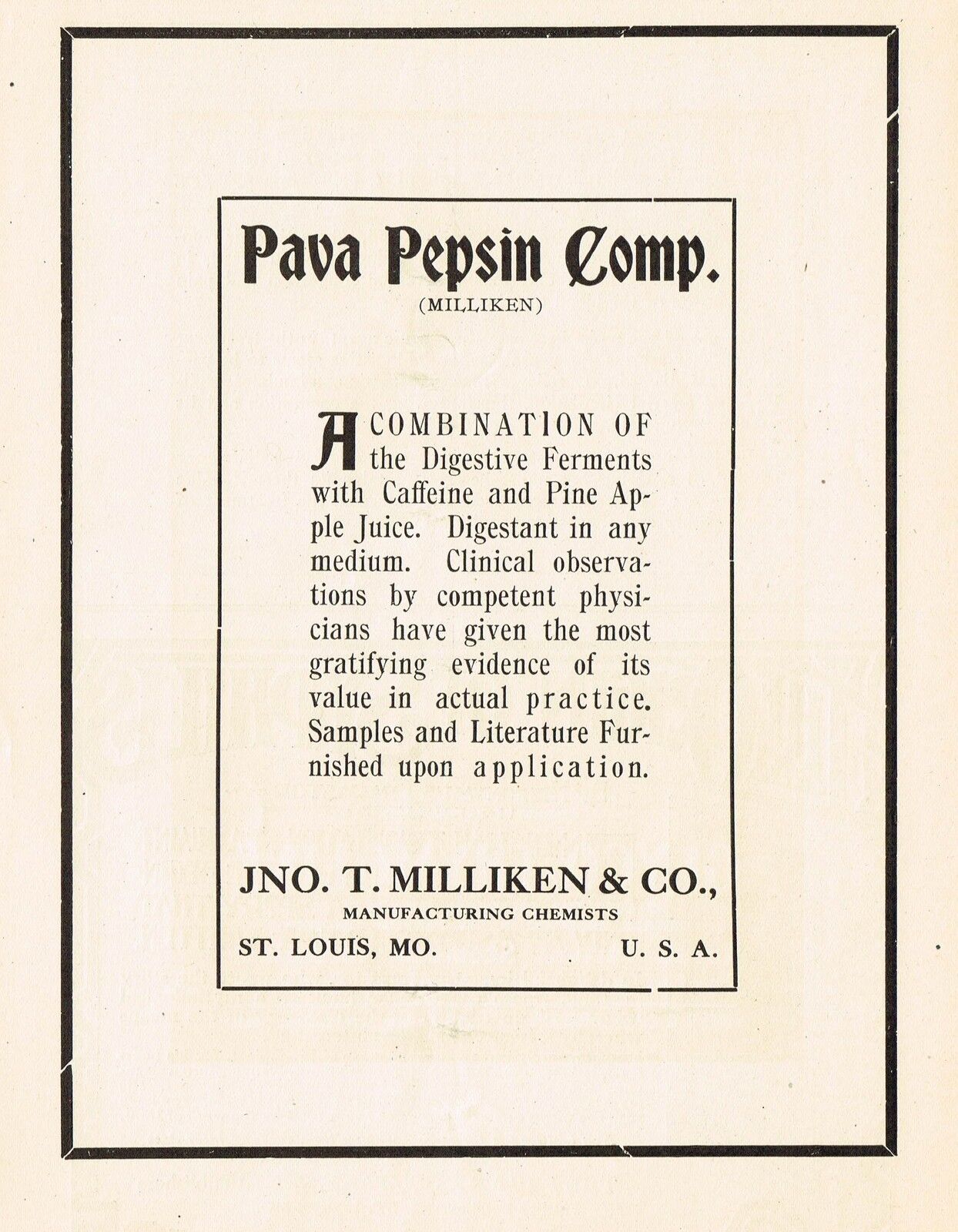 Rare Antique John T Milliken Pava Pepsin Drug Medicine Old Original Advertising