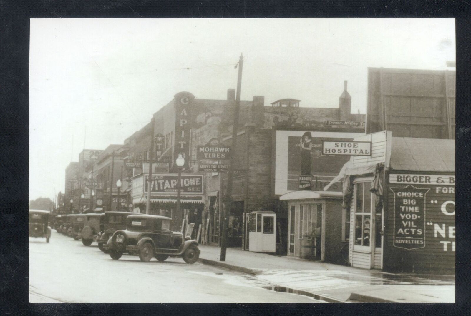REAL PHOTO AMES IOWA DOWNTOWN STREET SCENE OLD CARS STORES POSTCARD COPY