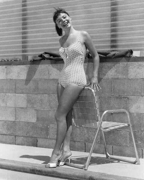 Janet Munro 1950's pin-up smiling in swimsuit by pool 24x36 inch poster