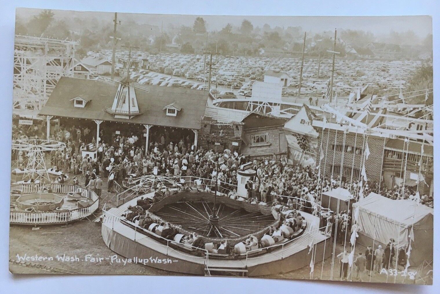 c. 1940s Real Photo Postcard RPPC Puyallup Western Washington Fair rides people