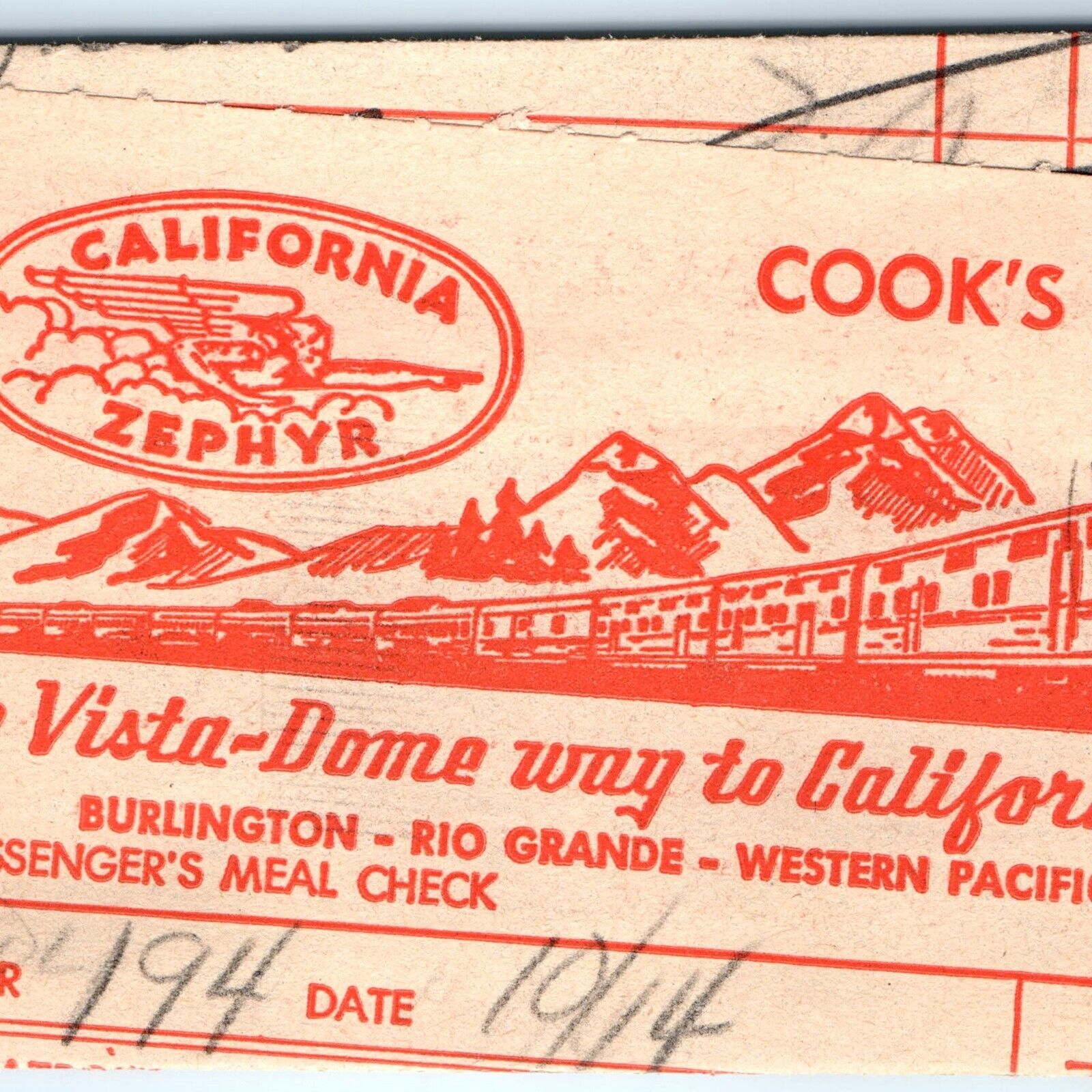 c1940s California Zephyr Train Dining Cooks Check Receipt Vista Dome Railway C39