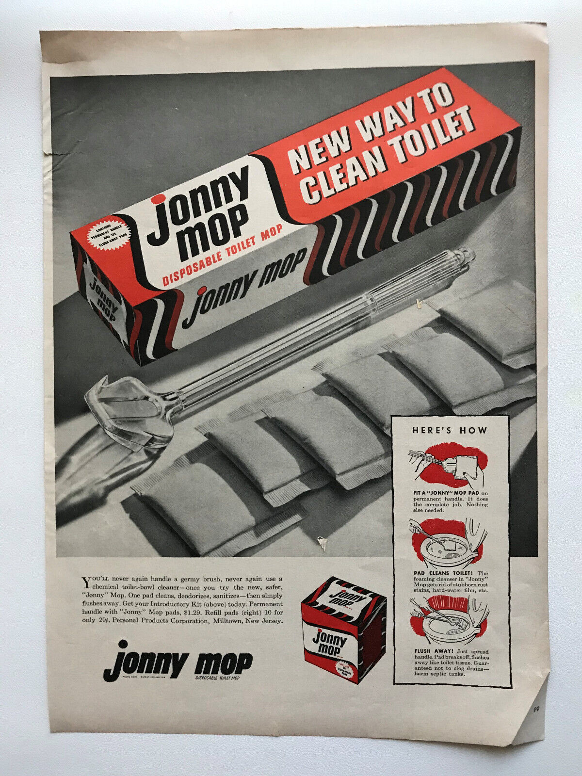 1953 Jonny Mop Disposable Toilet Mop Vintage Print Ad Personal Products Corp
