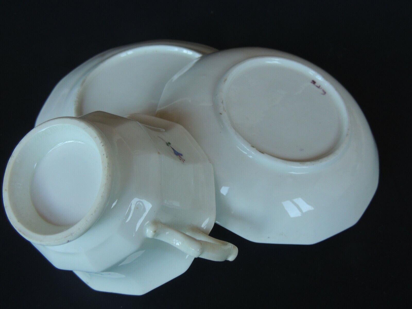 Antique English Porcelain 3pc Enameled Handless TEA Cup Saucer plate 1830s