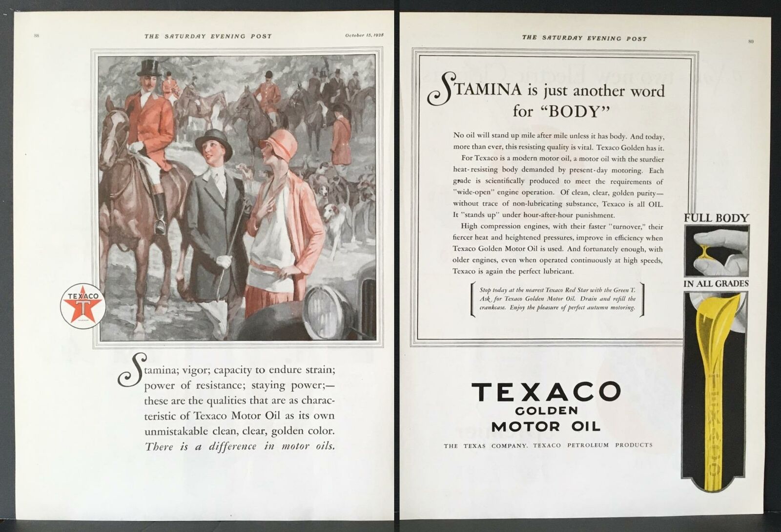 1928 Texaco Golden Motor Oil Horses Hunting Dogs Vintage 2-Page Print Ad