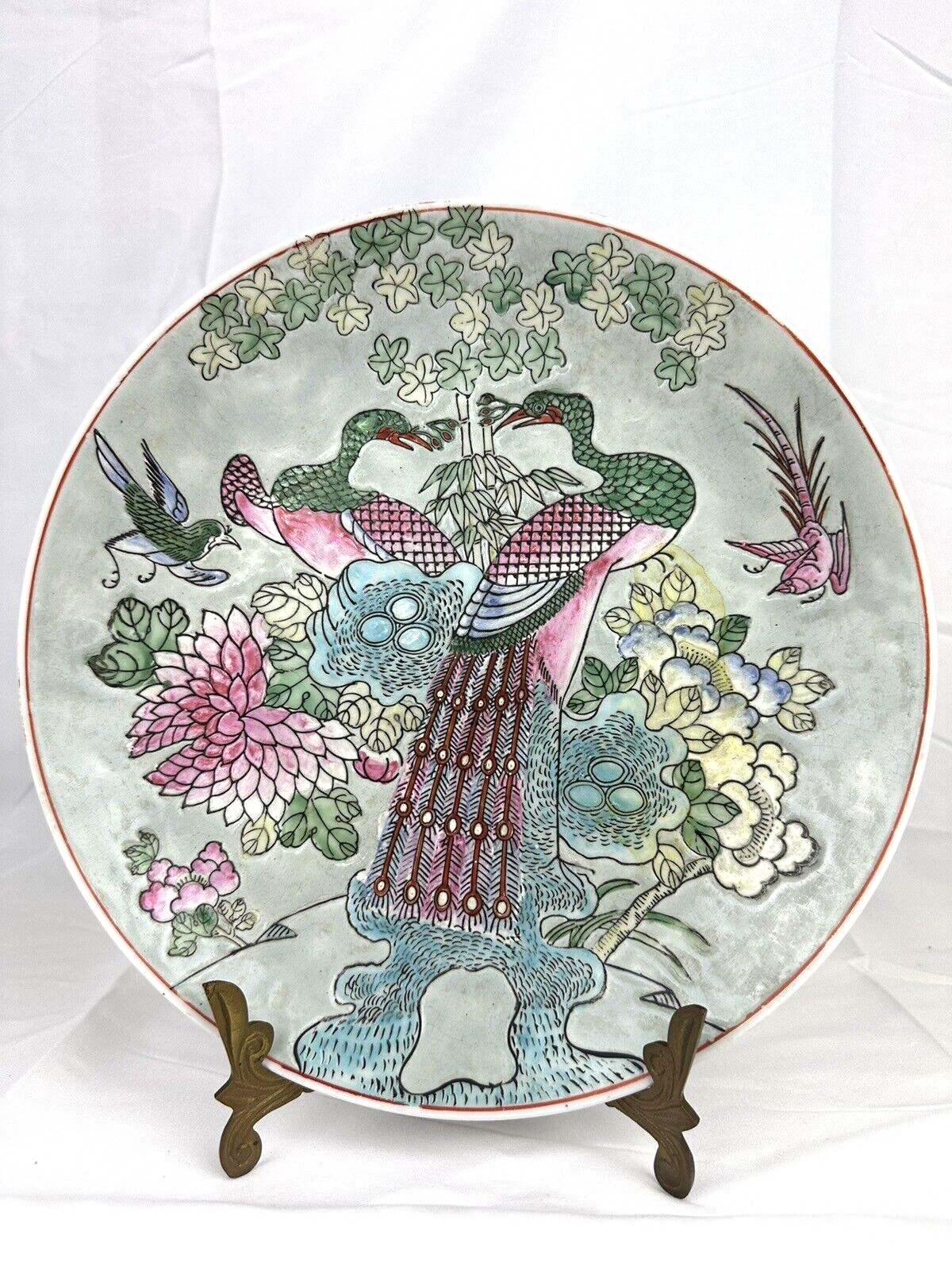 Vtg Decorative Chinese Macau Hand Painted Enamel Peacock Plate Charger 10\'\' B10