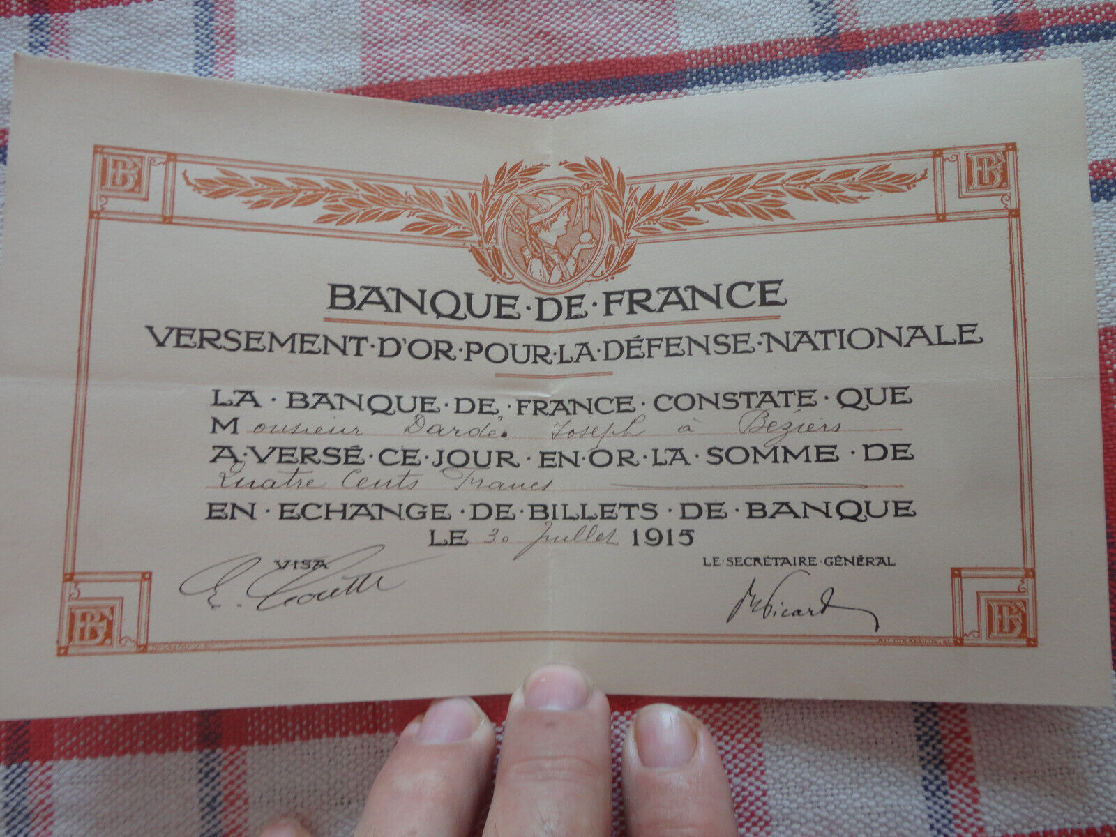 1915 BANK OF FRANCE GOLD PAYMENT 400 francs FOR NATIONAL DEFENSE