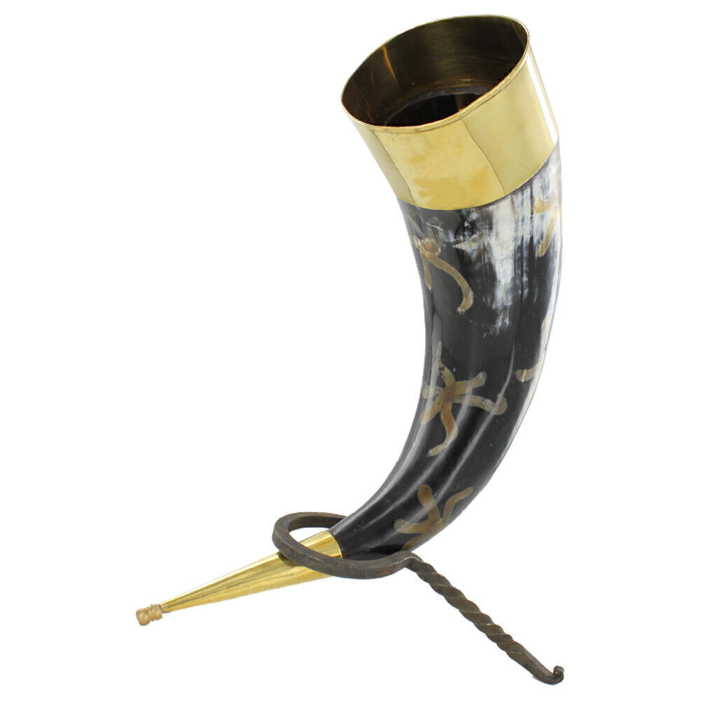 Medieval Earth Essence Brass Iron Stand Drinking Cow Horn