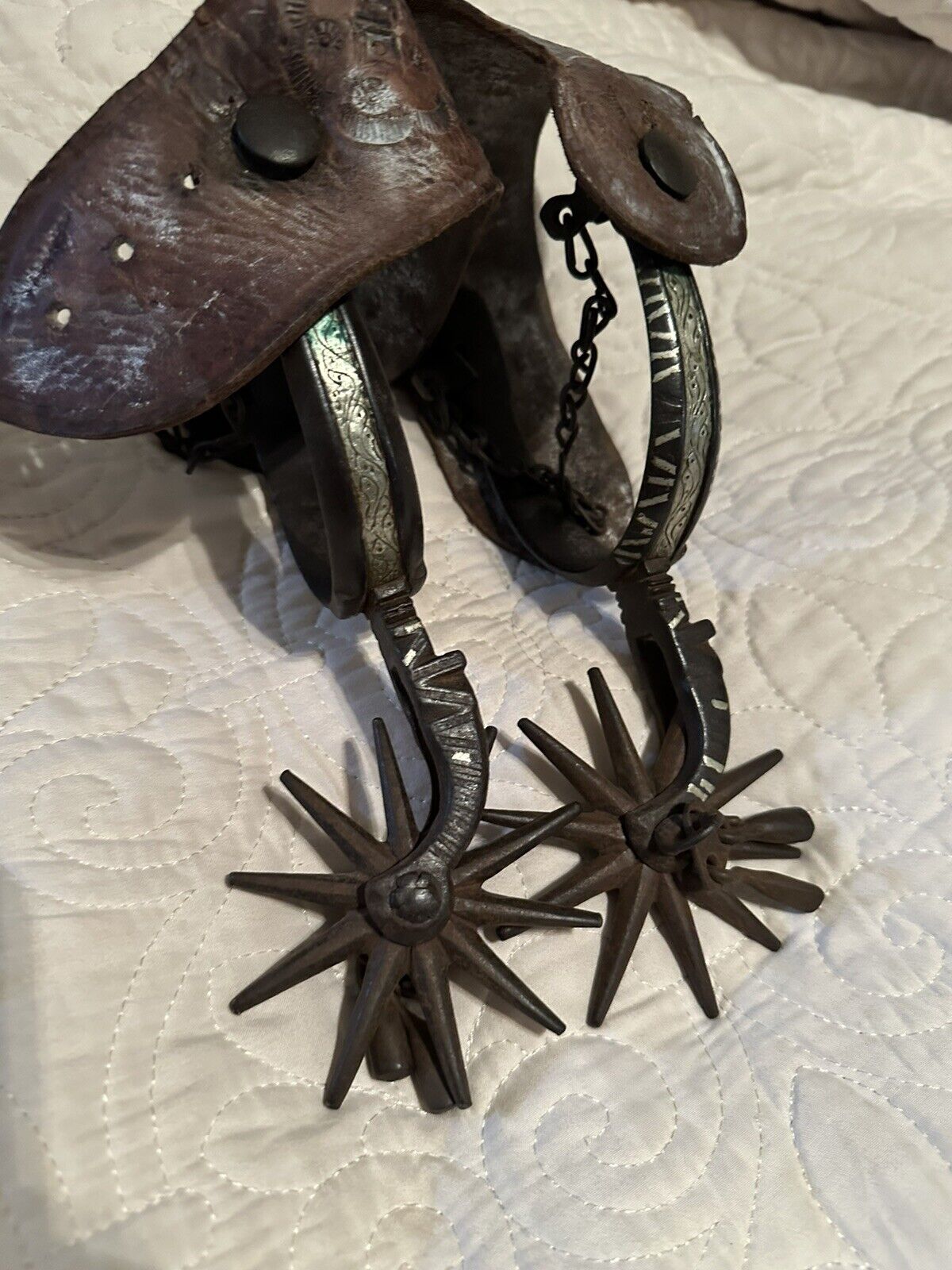 Antique Mexican Spurs/silver Inlay Great Tooled Leathers