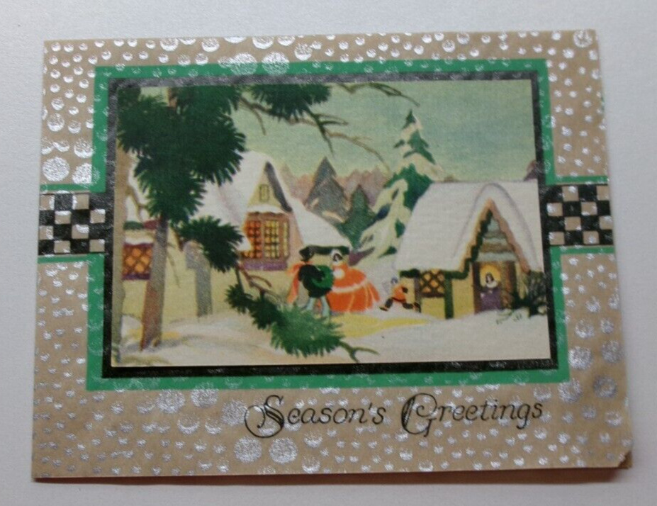 Vtg. Christmas Card UNIQUE Design Paper Snow Scene Pines Homes Victorian Couple