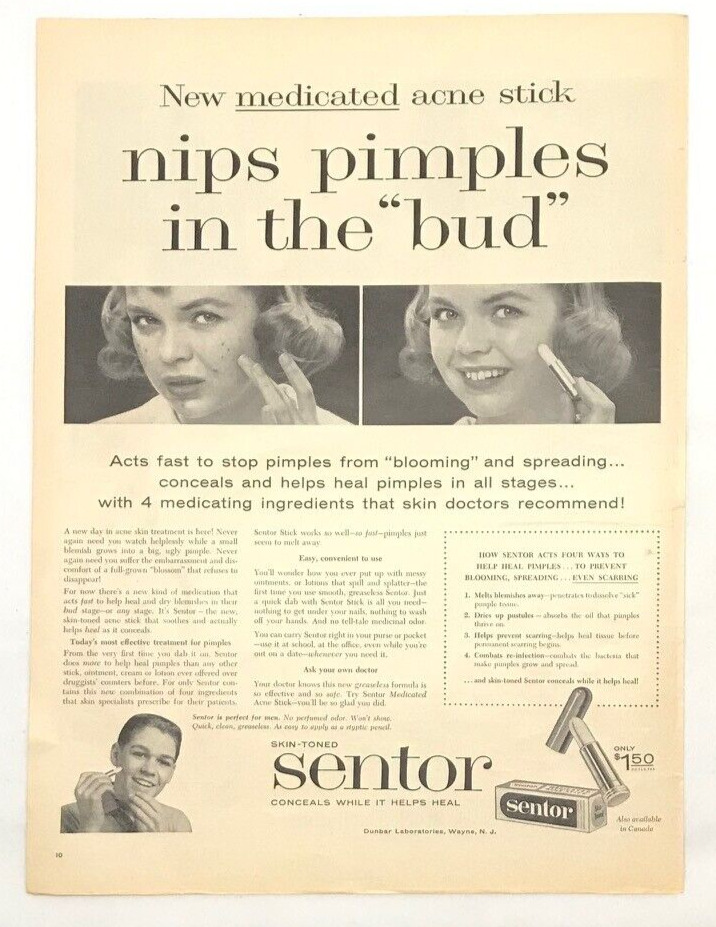 1958 Sentor Medicated Acne Stick Vintage Print Ad Dunbar Laboratories Pimples