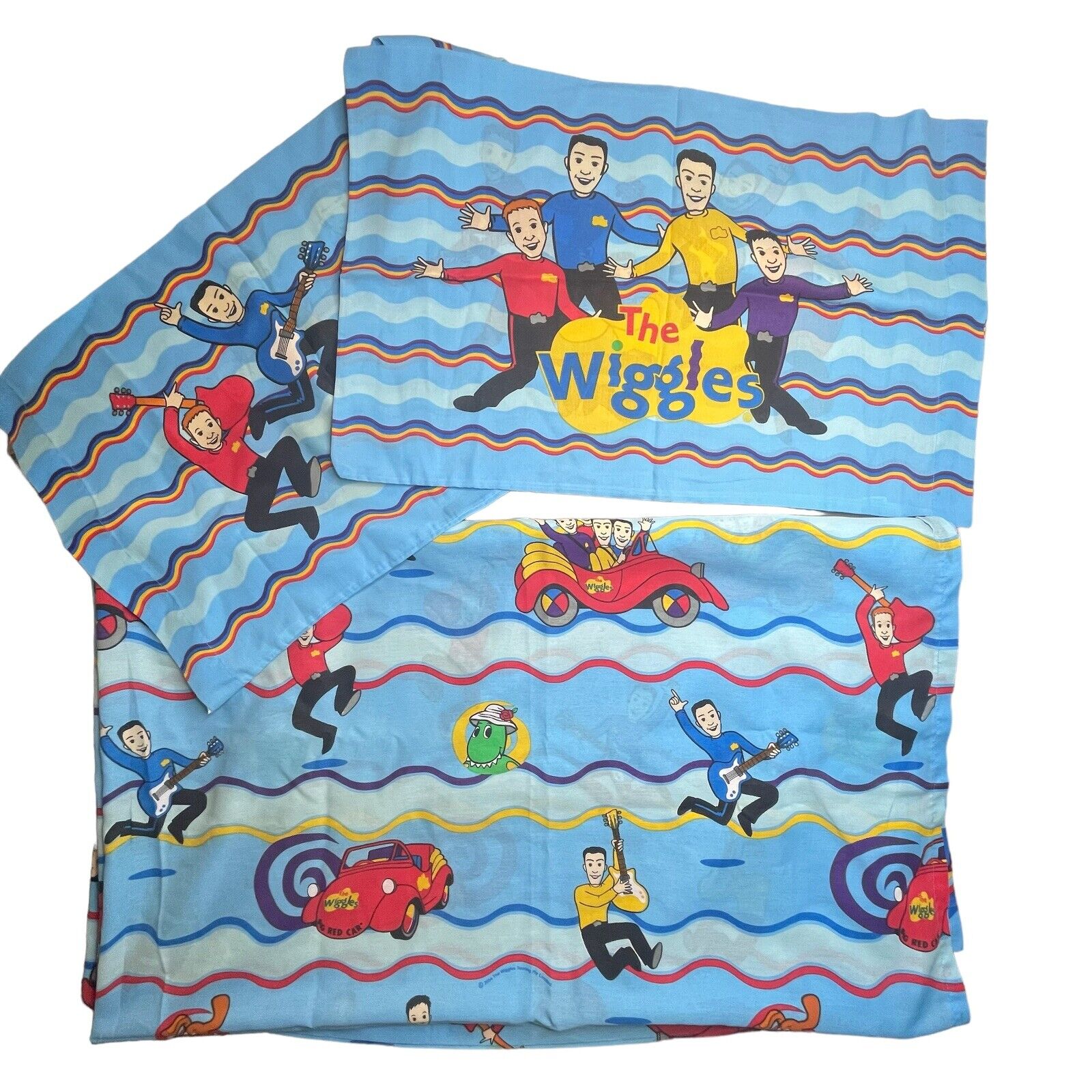 Vintage The Wiggles 2 Pillowcase + Full Sz Flat Sheet Set Dan River Made in USA
