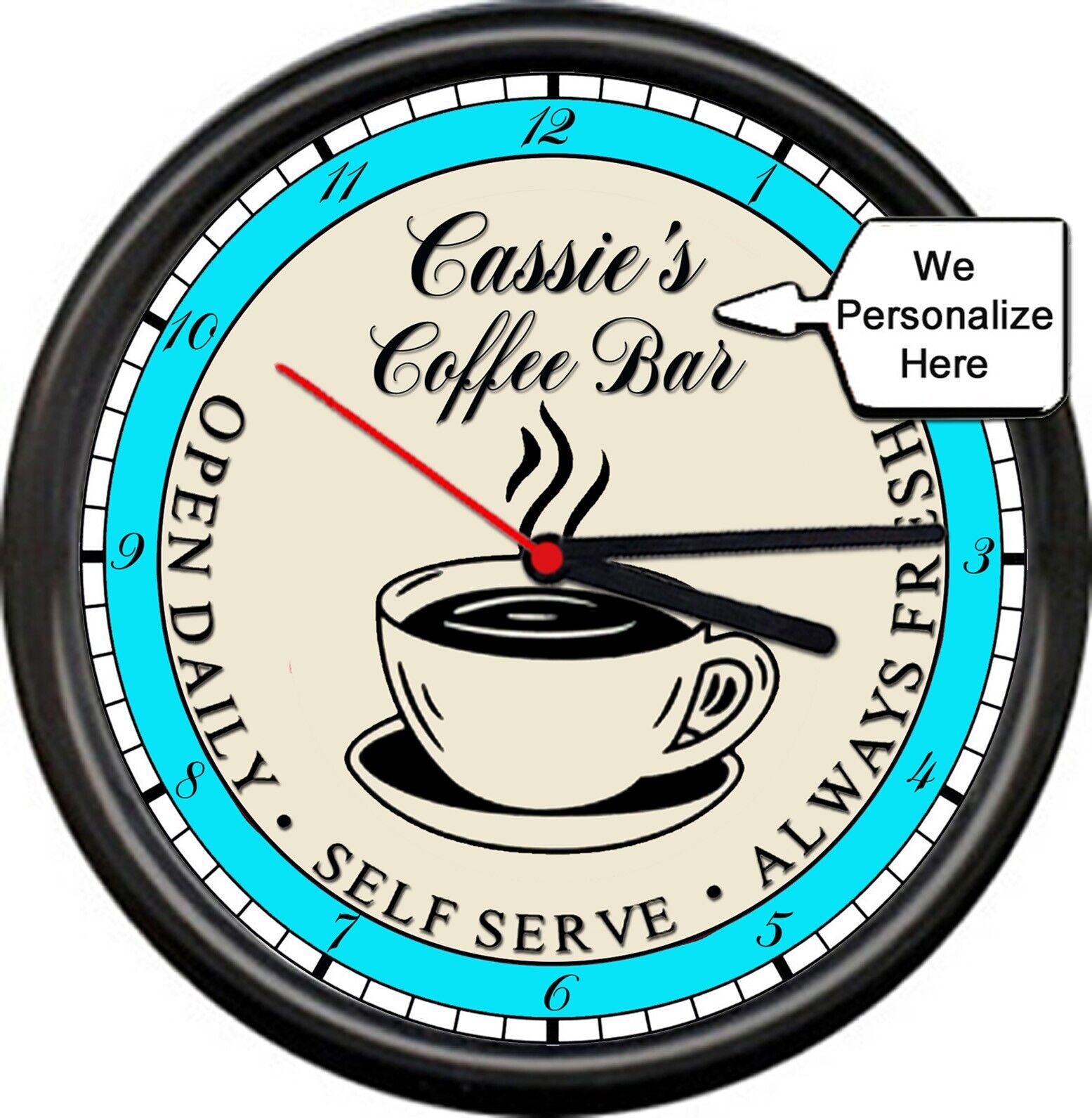 Personalized Name Kitchen Coffee Bar Steaming Cup Teal Gift Sign Wall Clock