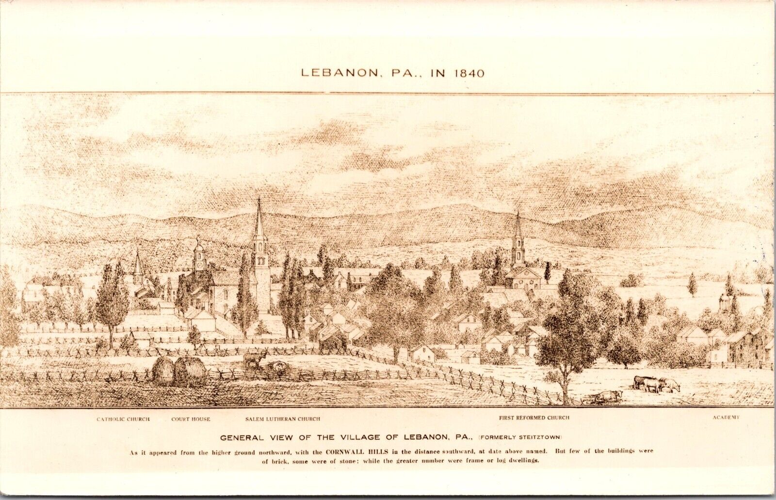 Postcard Lebanon PA Aerial View Village Lebanon PA in 1840 advertising postcard