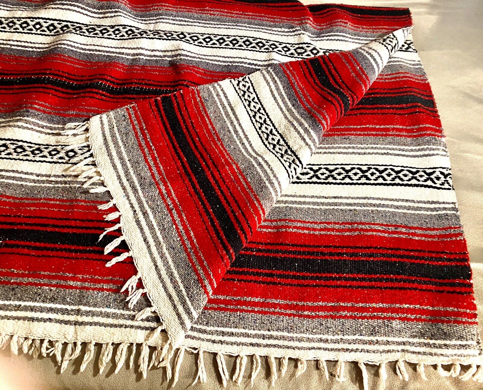 Vintage Mexican Serape Blanket Woven Stripes Southwest Red Gray Black Diamond
