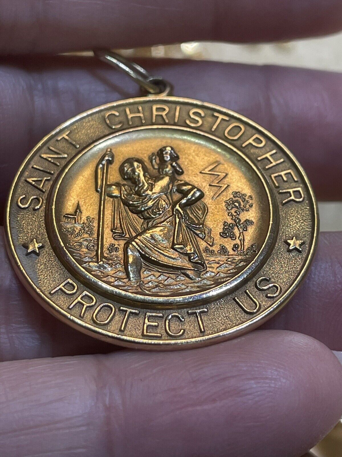 Vtg Estate Large 1” Solid 14K Gold Catholic St. Christopher Medal Protect Us