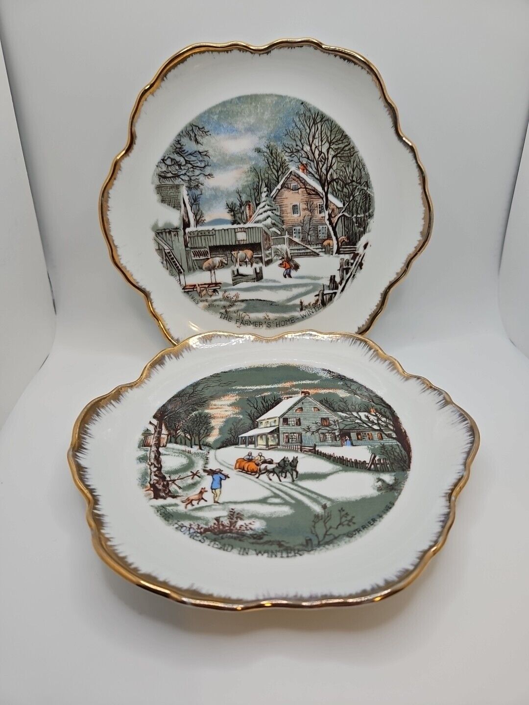 Set of 2 Vintage Collectors Plates Made In Korea Gold Rim Currier and Ives