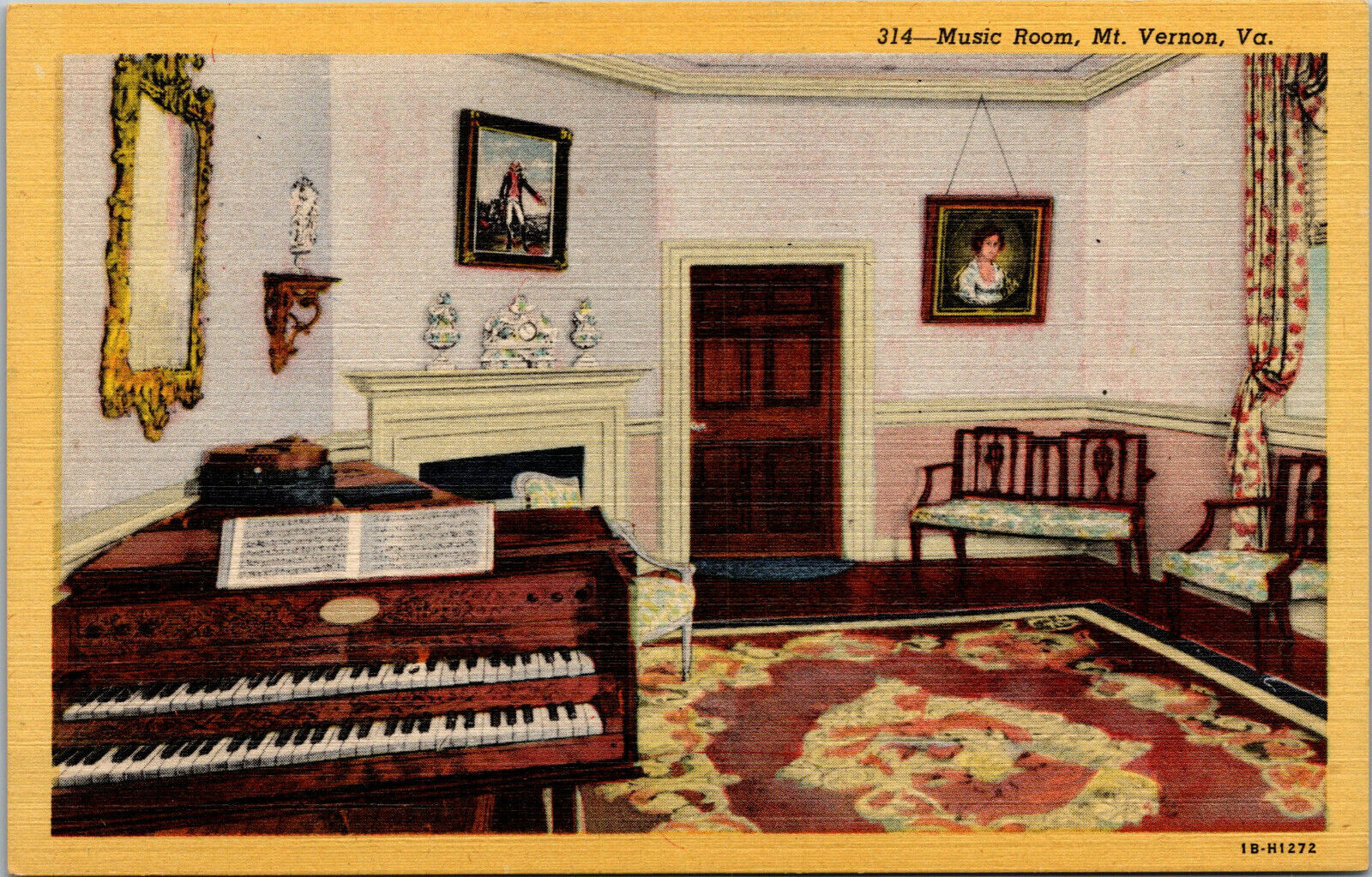 Vtg 1940s Music Room Washington's Mansion Mt Vernon Virginia VA Unused Postcard