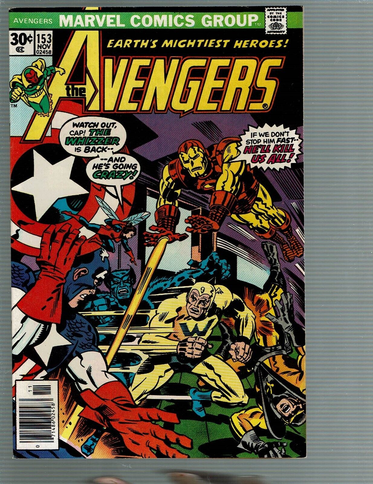 Avengers 153 Whizzer and Living Laser attack VF