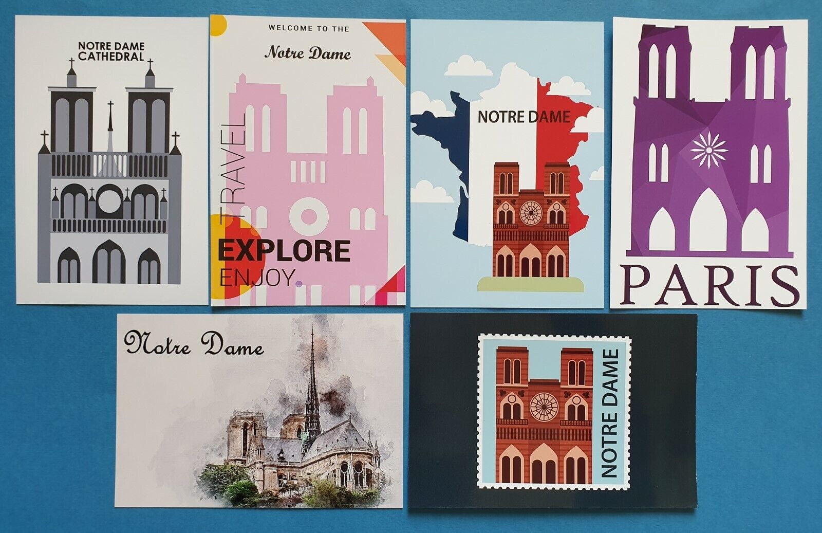 Set of 6 New Glossy Postcards, NOTRE DAME Cathedral Church Paris France 13P
