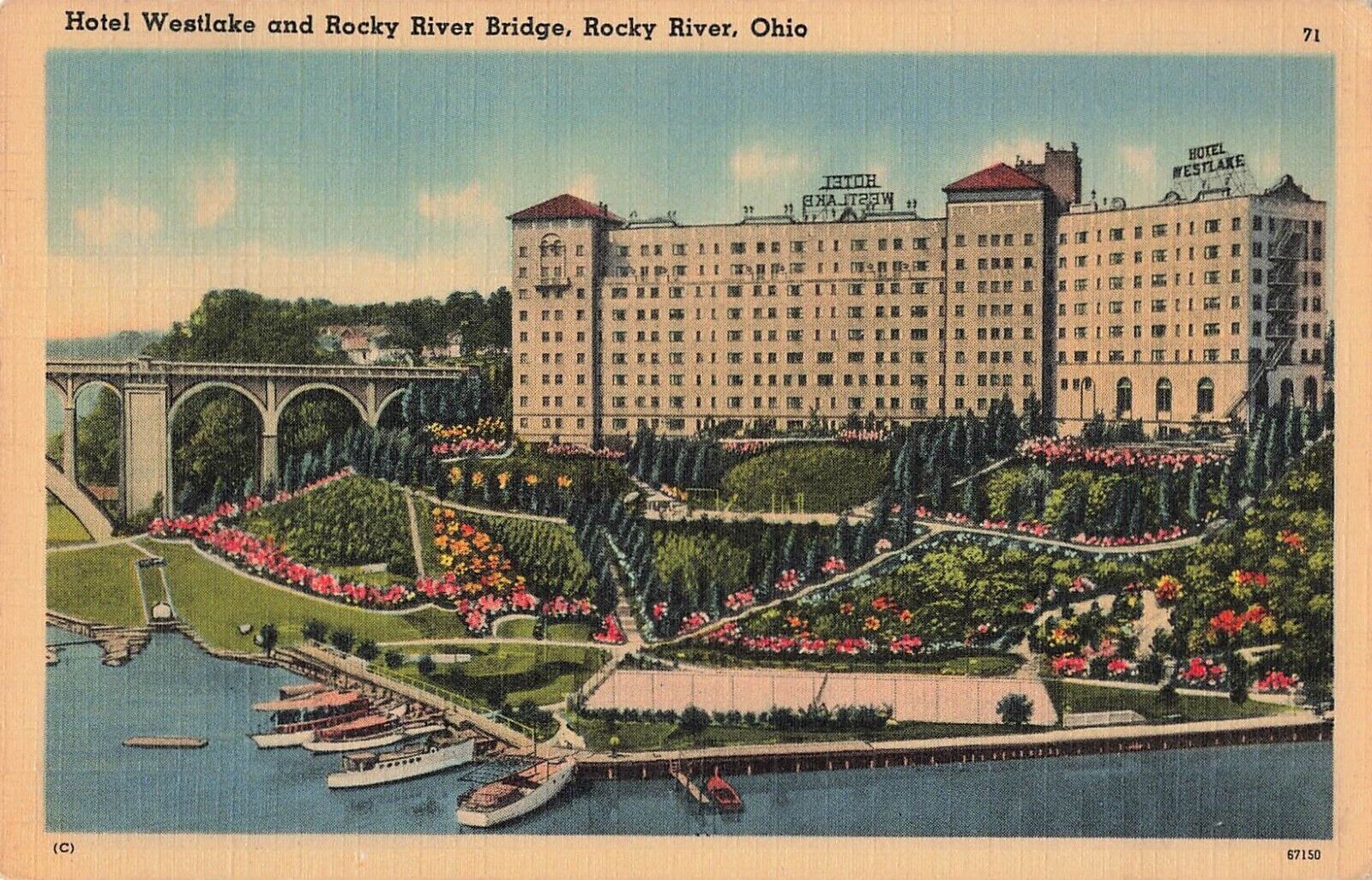 Rocky River, Ohio Postcard Hotel Westlake Rocky River Bridge PM 1942  OH6