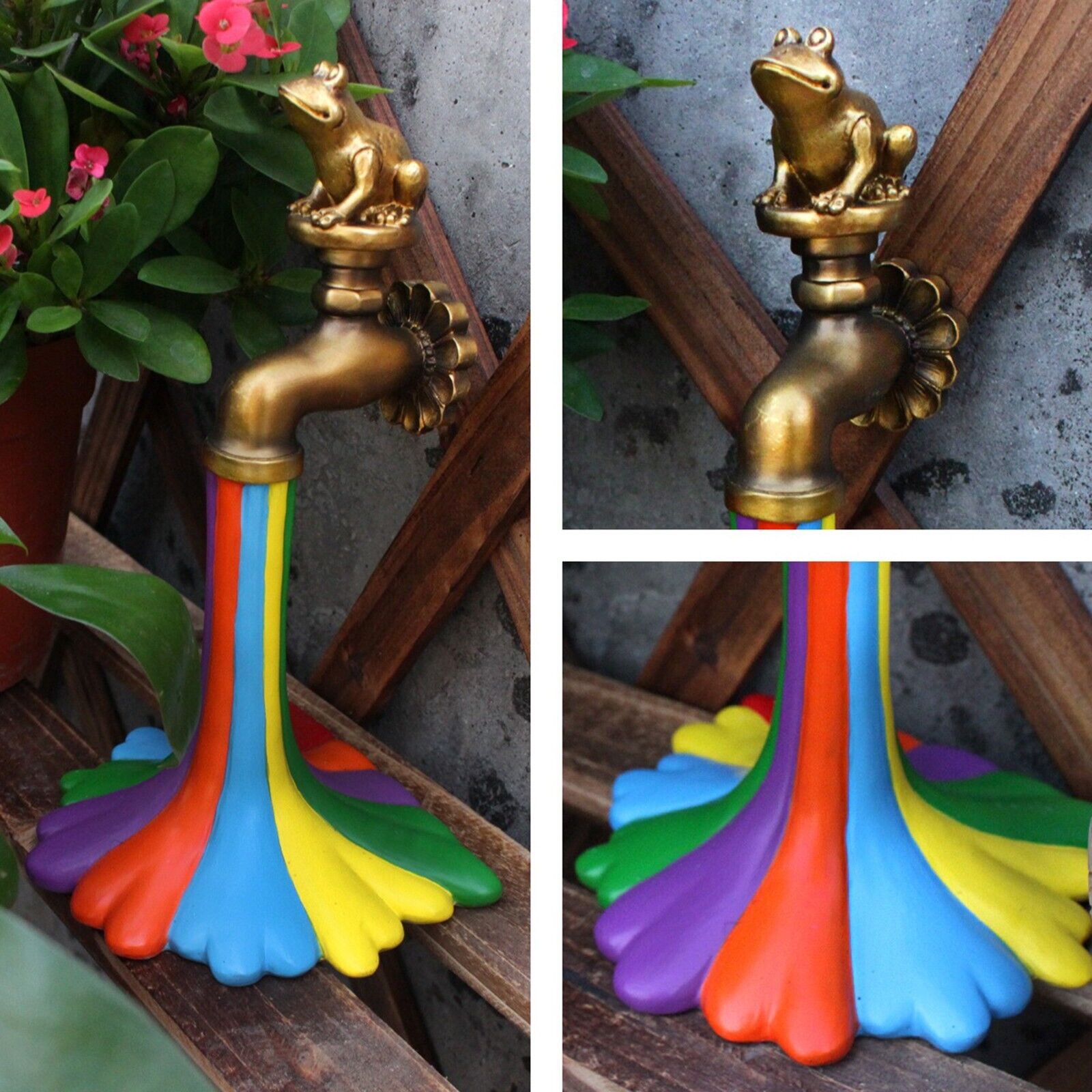 Interesting Resin Garden Frog Rainbow Faucet Statue Decoration Creative